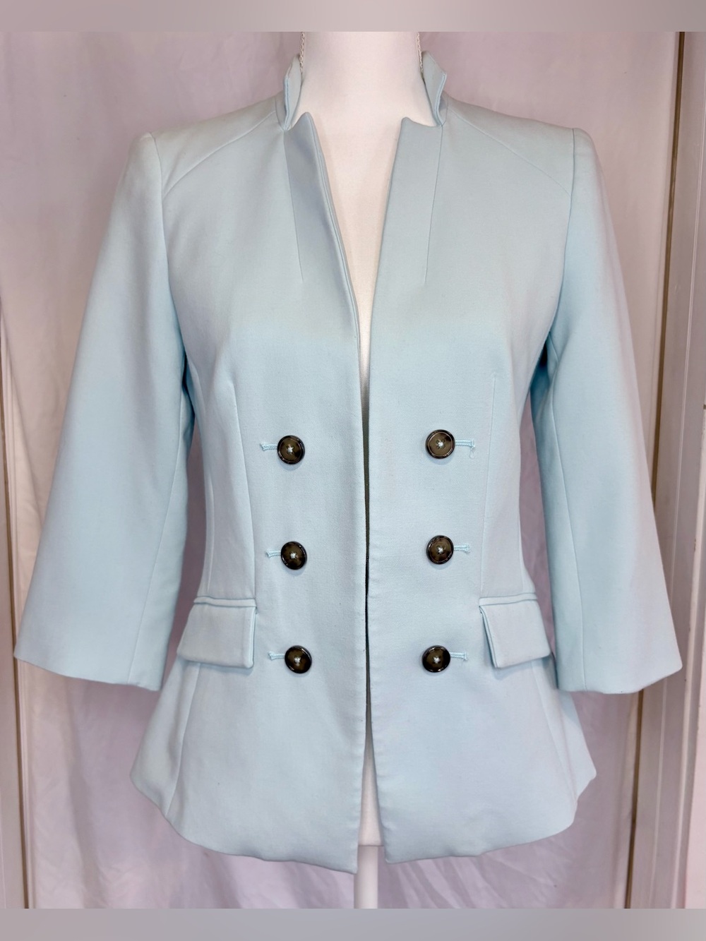 White House Black Market Baby Blue Collarless Open Double Breasted Blazer 4